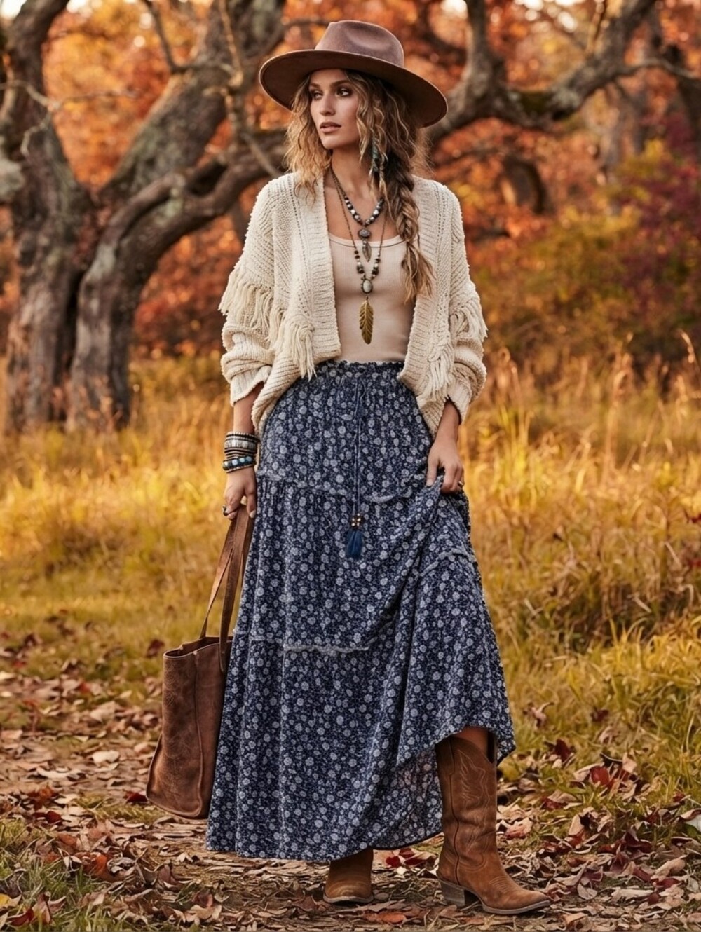 Vici Navy Floral Tiered Maxi Skirt